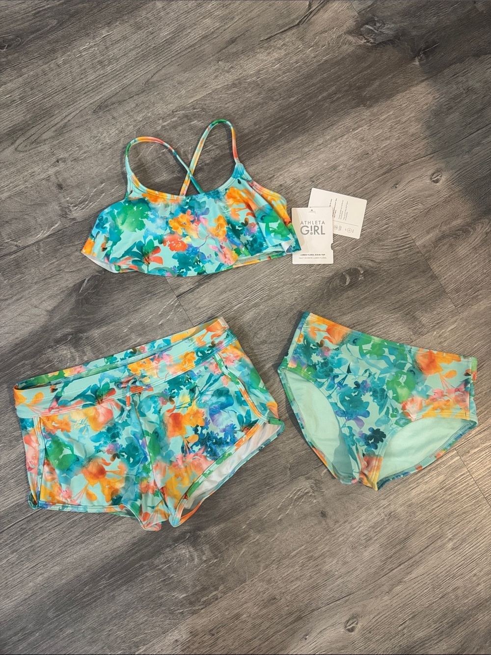 Athleta Girl Lumen Floral Aqua Bikini Swim Set Shorts Briefs Size 12